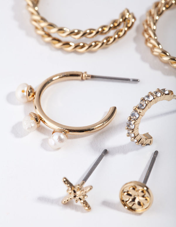 Gold Mixed Metal Pearl 6-Pack Earring