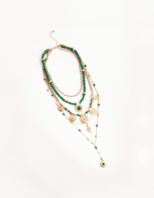 Midnight Antique Gold Pendant Bead 6-Row Necklace