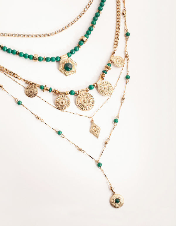 Midnight Antique Gold Pendant Bead 6-Row Necklace