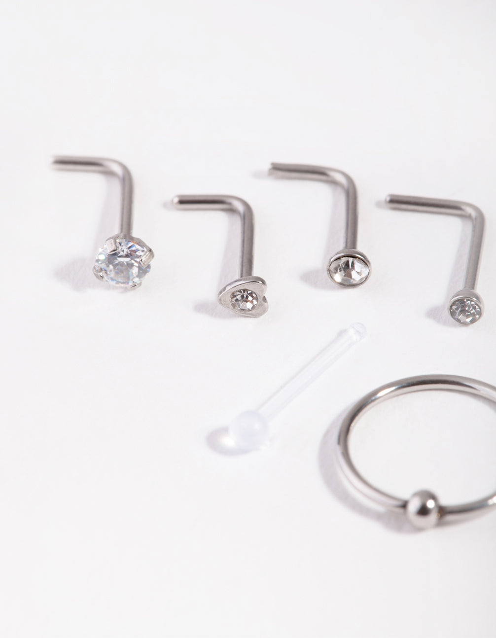 Silver Mixed Diamante Nose Stud 6-Pack