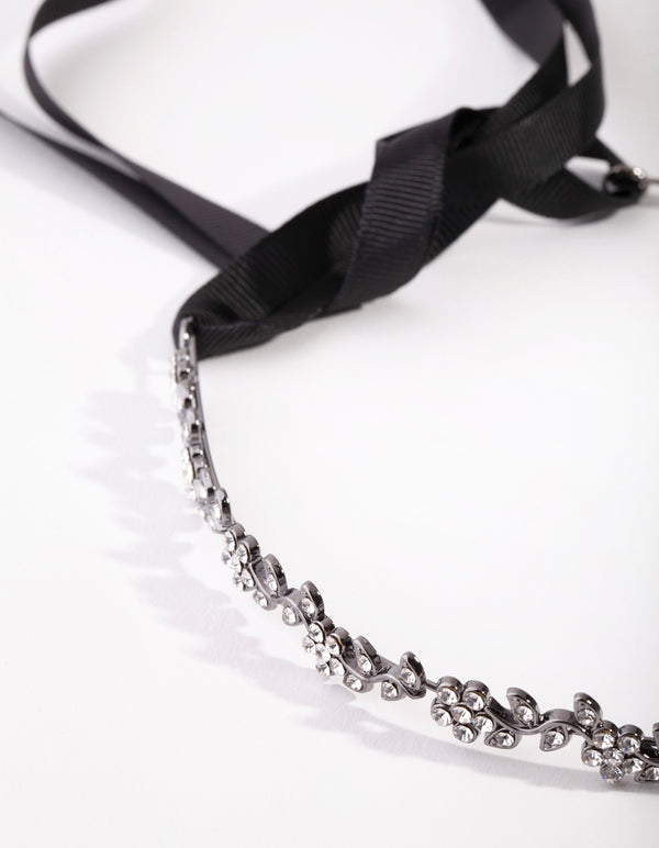 Matte Black Diamante Flower Tie Halo Headband