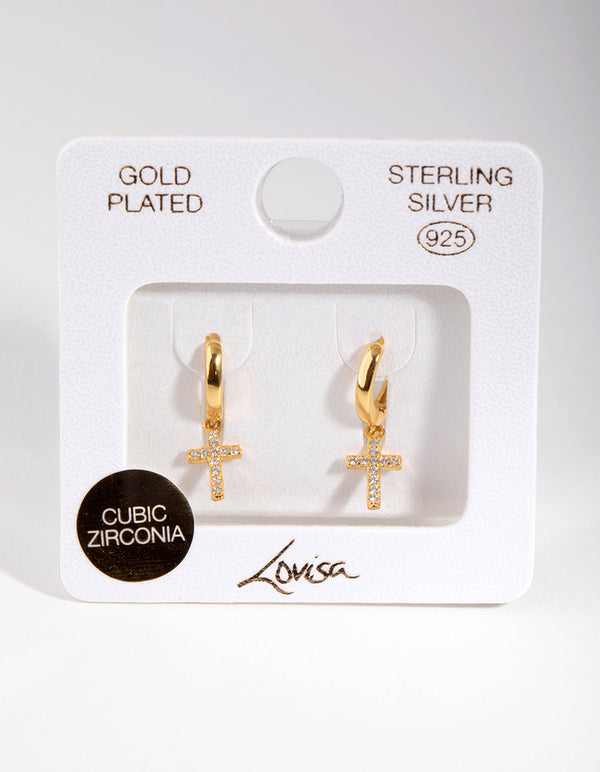 Gold Plated Sterling Silver Cubic Zirconia Cross Huggie Earrings