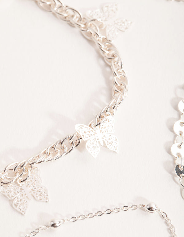 Silver Flower & Butterfly Bracelet & Anklet 4-Pack