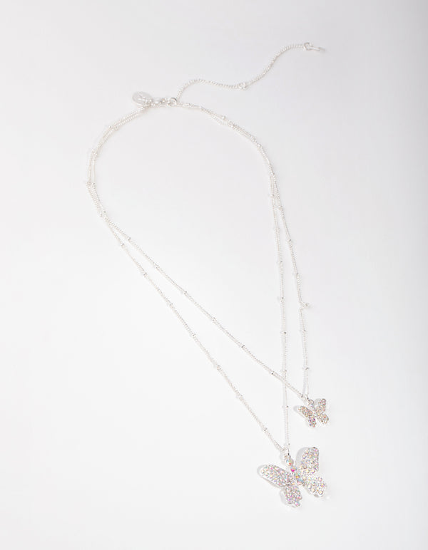 Silver Pave Butterfly 2-Row Necklace