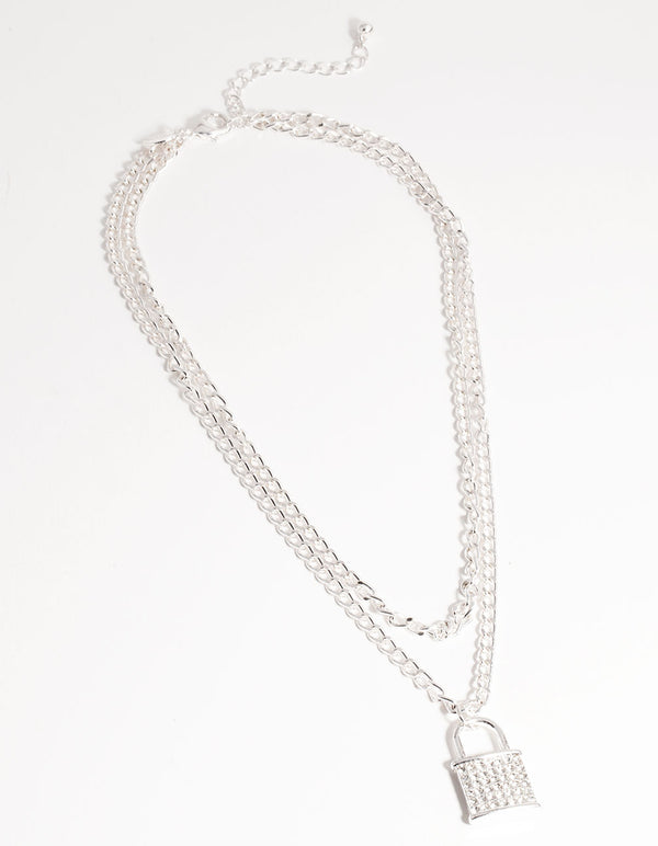Silver Multi-Row Diamante Padlock Necklace