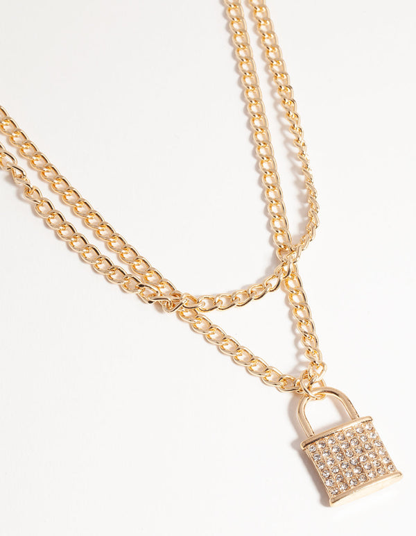 Gold Multi-Row Diamante Padlock Necklace