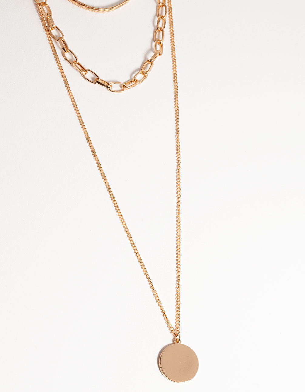Gold Long Circle Disk 3-Row Necklace