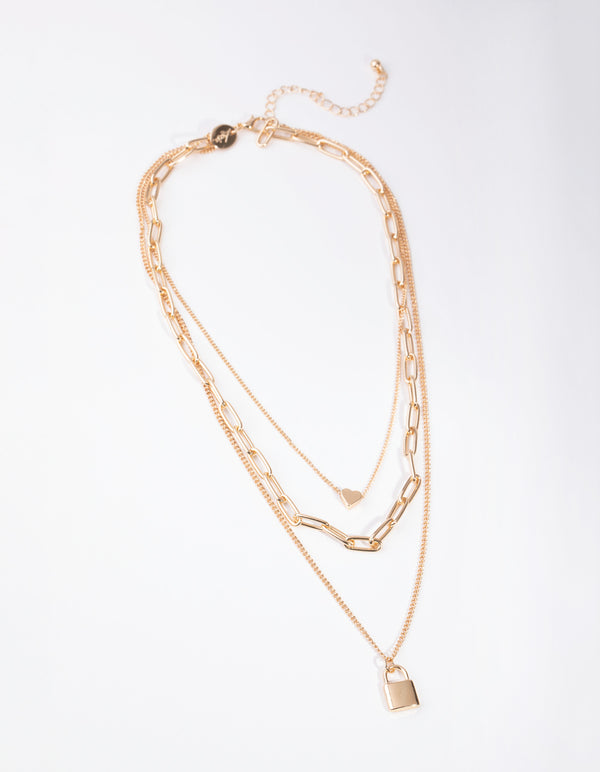 Gold Short Mini Padlock 3-Row Necklace