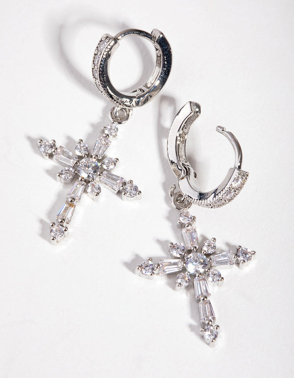 Silver Crystal Stone Cross Hoop Earrings