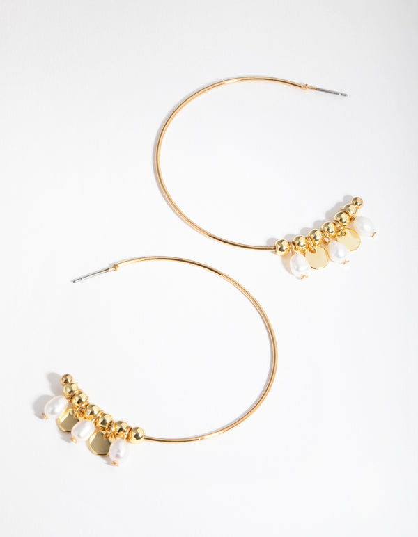 Gold Plated Freshwater Pearl & Disc Hoop Earrings