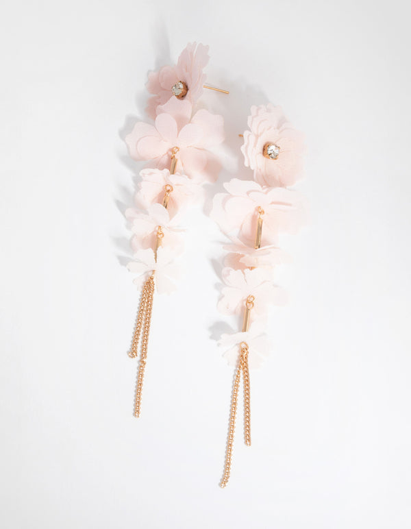 Gold Fabric Flower Chain Earrings