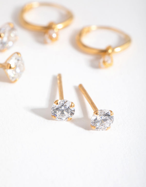 Gold Plated Sterling Silver Cubic Zirconia Stud & Hoop Pack Earring