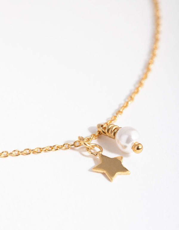 Gold Plated Sterling Silver Pearl & Star Charm Necklace