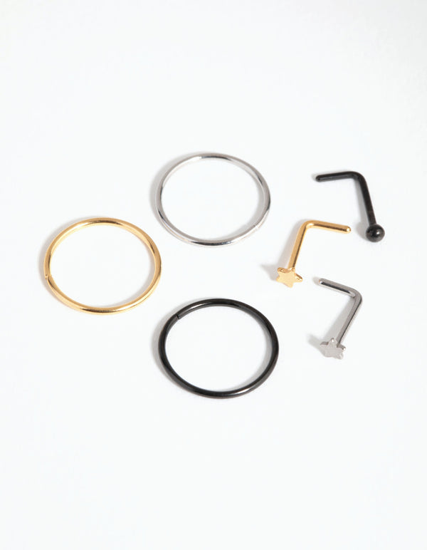 Surgical Steel Ball Star Nose Ring & Stud 6-Pack
