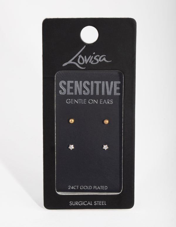 24 Carat Gold Plated Surgical Steel Star & Ball Pack Stud Earrings