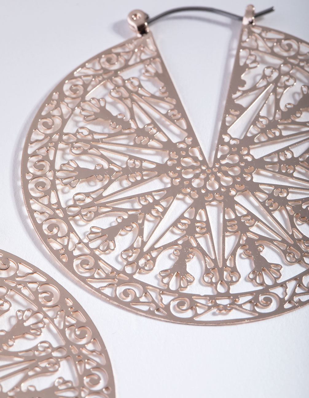Rose Gold Filigree Disc Hoop Earrings