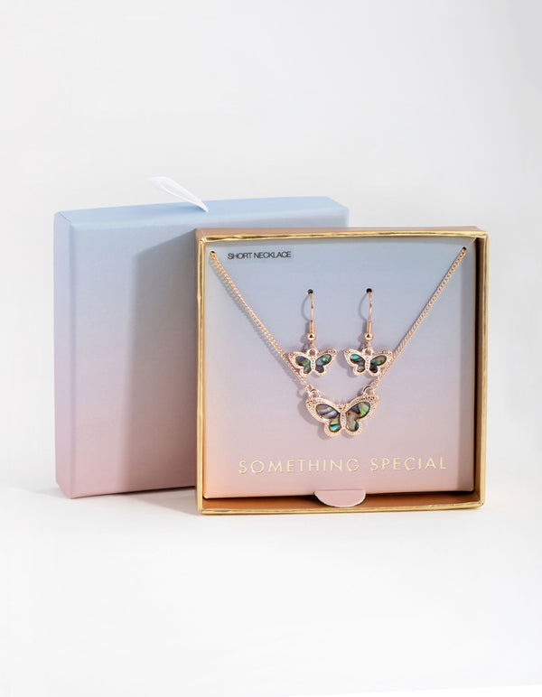 Rose Gold Marble Butterfly Earring & Necklace Set