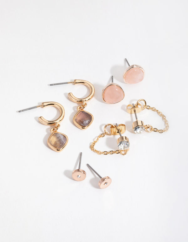 Gold Round Stone Earring Stack Pack
