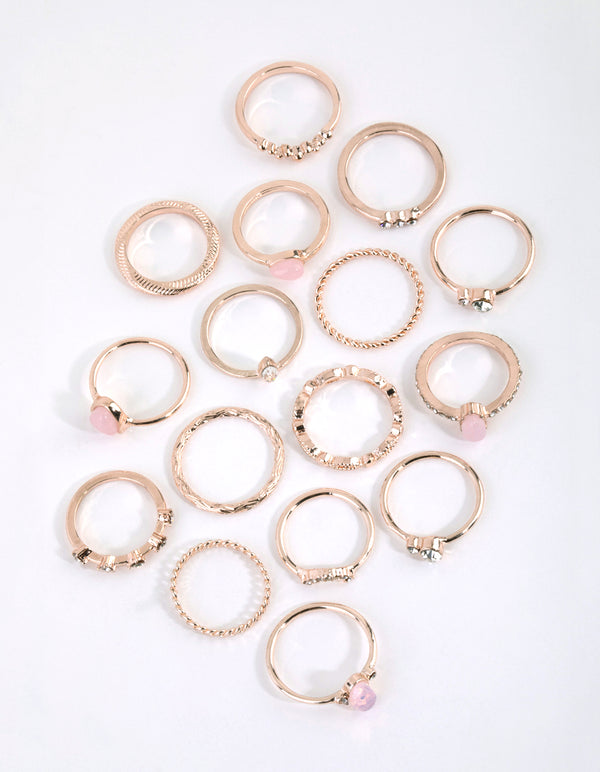 Rose Gold Diamante Stone Ring Set