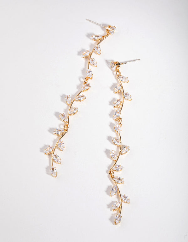 Gold Cubic Zirconia Bendy Vine Drop Earrings