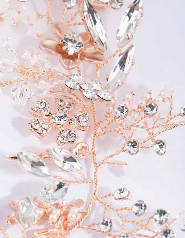 Rose Gold Diamante & Bead Wire Flower Necklace