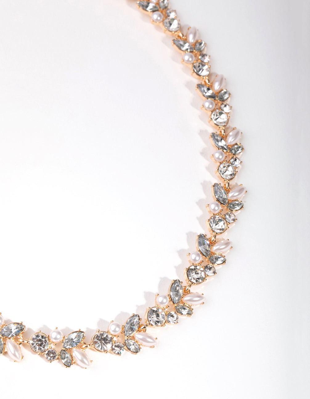 Gold Diamante Pearl Leaf Necklace