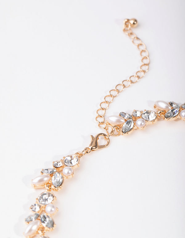 Gold Diamante Pearl Leaf Necklace