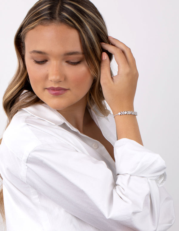 Silver Cubic Zirconia Navette Flower Toggle Tennis Bracelet