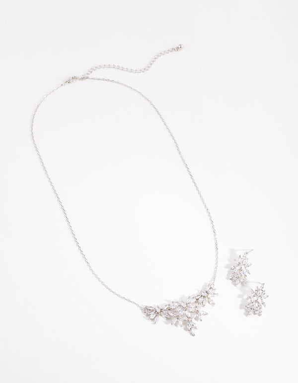 Silver Diamond Simulant Navette Flower Necklace & Earrings Set