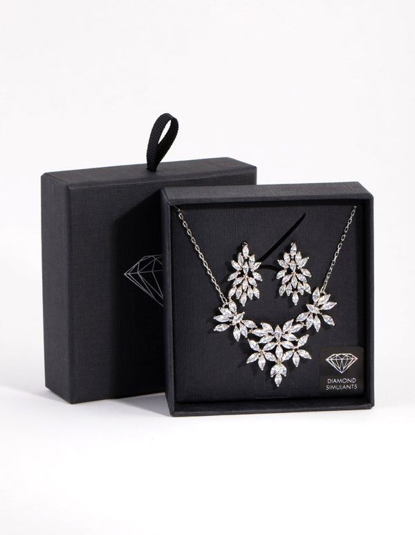 Silver Diamond Simulant Navette Flower Necklace & Earrings Set