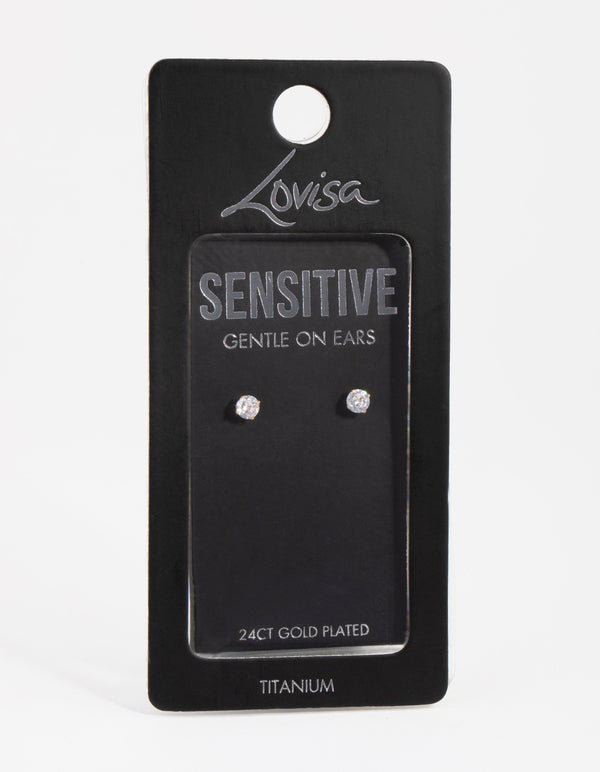 24 Carat Gold Plated Titanium Cubic Zirconia Stud Earrings