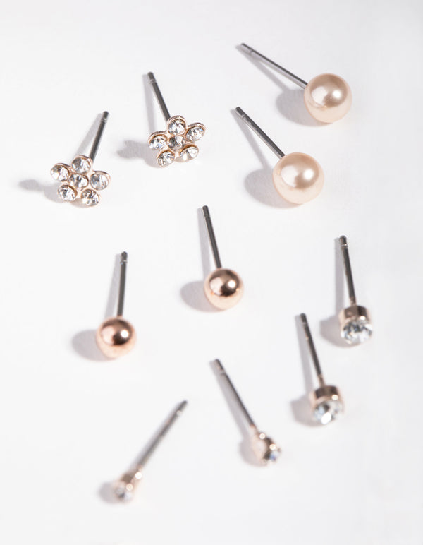 Rose Gold Diamante Flower & Pearl 8-Pack Earring