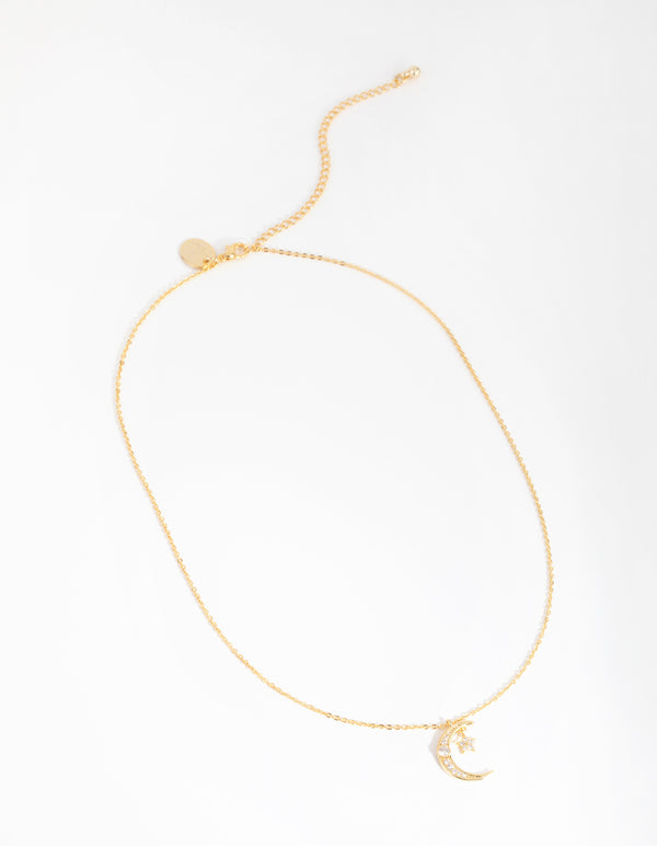 18ct Gold Plated Cubic Zirconia Moon & Star Necklace