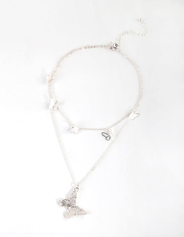 Silver Multi Butterfly Layered Necklace
