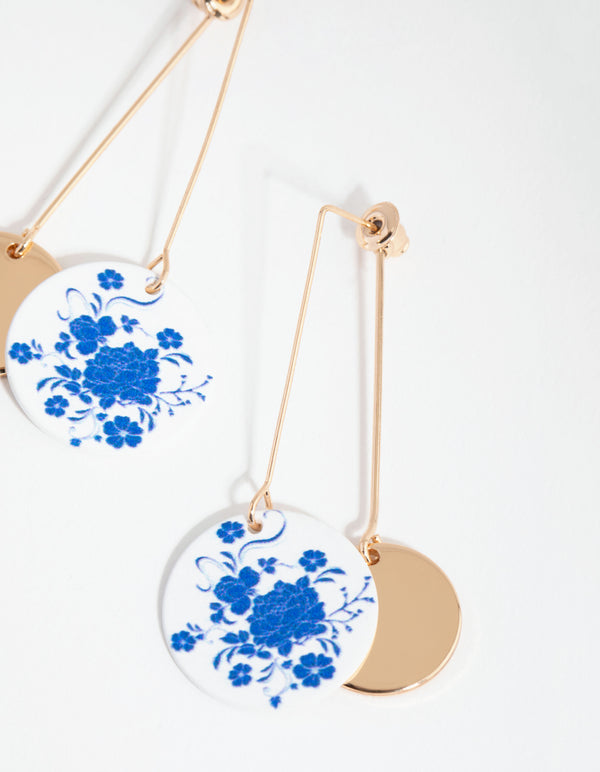 Gold Printed Disc Drop Earrings