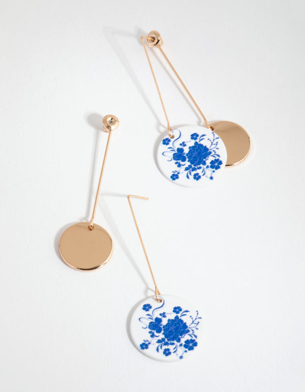 Gold Printed Disc Drop Earrings