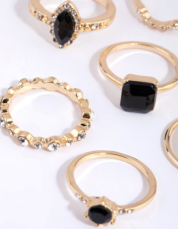 Gold Black Diamante Mixed Ring Pack