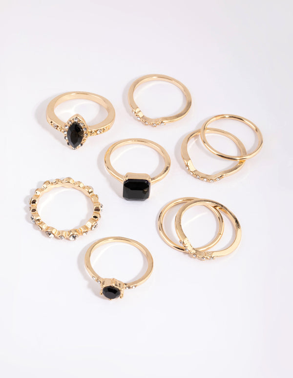 Gold Black Diamante Mixed Ring Pack
