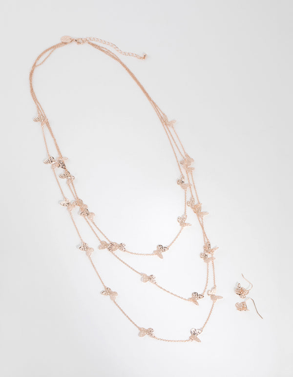 Rose Gold Cut Out Butterfly Necklace & Earring Set