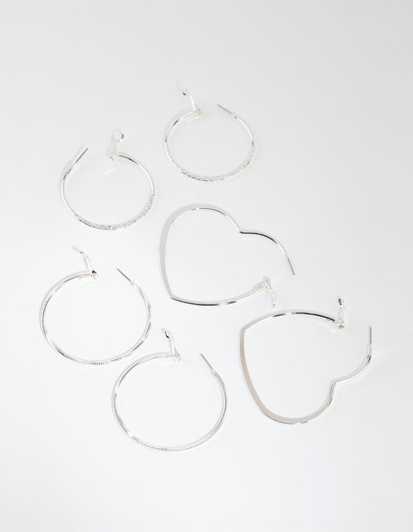 Silver Heart & Textured Earrings