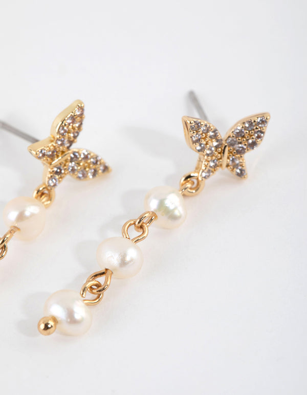 Gold Plated Butterfly Freshwater Pearl Drop Earrings