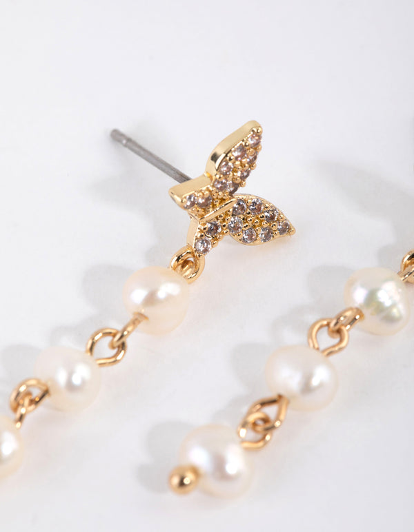 Gold Plated Butterfly Freshwater Pearl Drop Earrings
