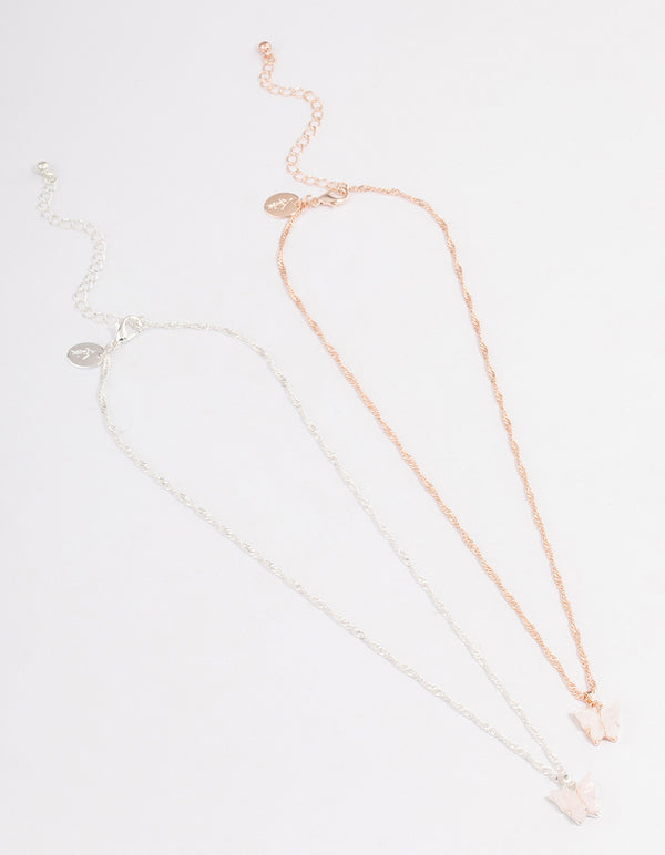 Mixed Metal White & Pink Butterfly Necklace Set