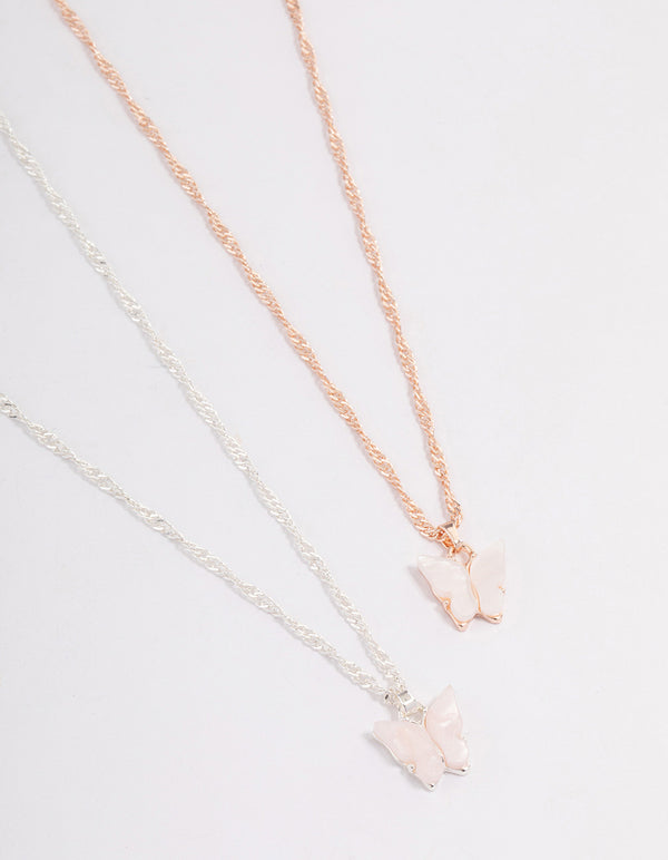 Mixed Metal White & Pink Butterfly Necklace Set