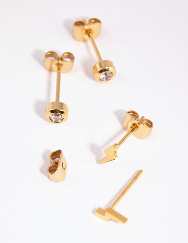 Gold Plated Surgical Steel Lightning Bolt Stud Earring Set