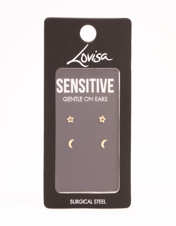 Gold Plated Surgical Steel Celestial Stud Earring Set