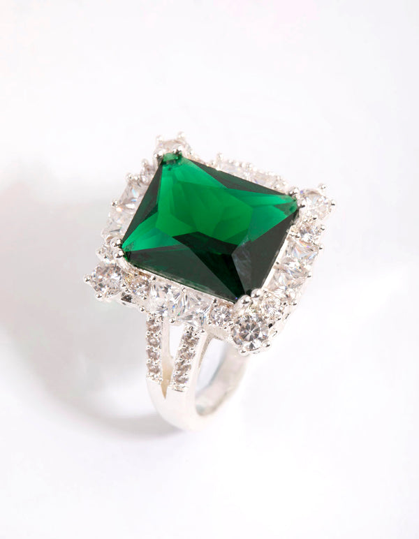 Silver Asscher Emerald Cubic Zirconia Ring