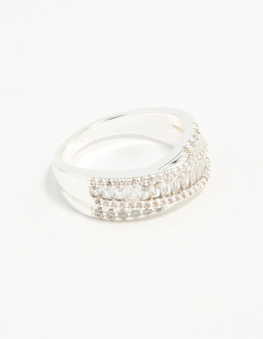 Silver Plated Cubic Zirconia Crossover Baguette Ring