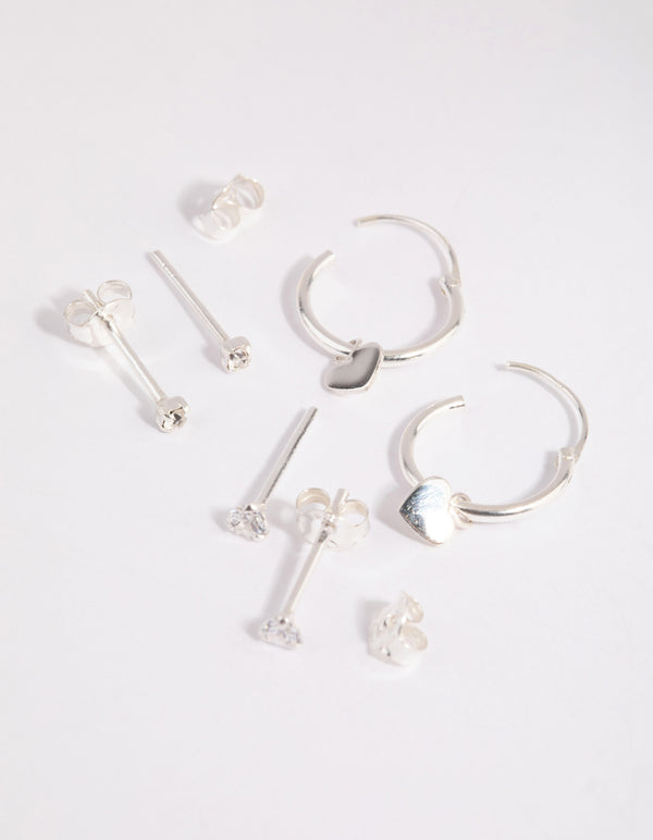 Sterling Silver Heart Stud & Hoop Earrings