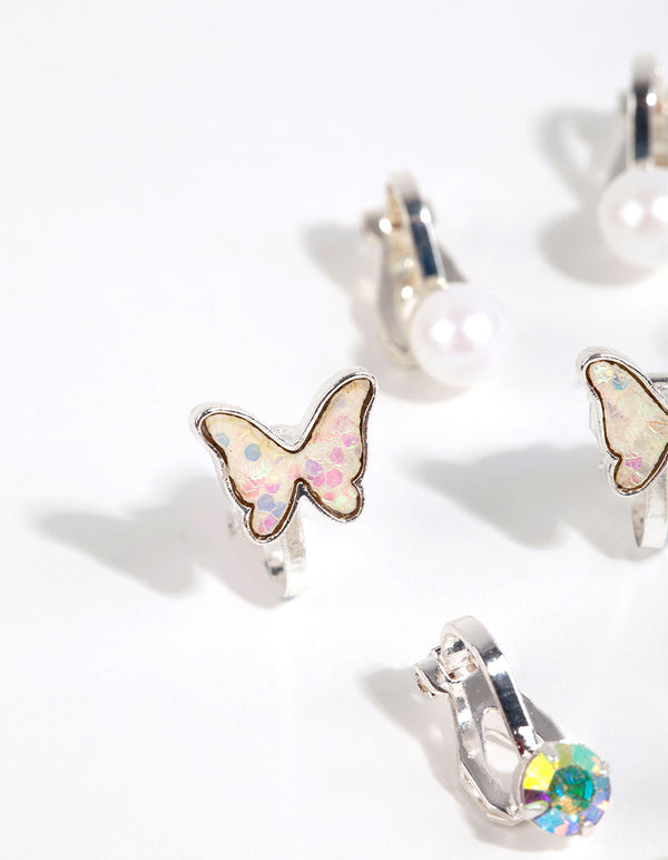 Kids Silver Iridescent Clip On Earring Pack
